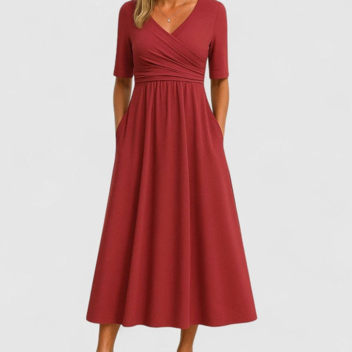 Women's V-Neck Ruched Empire-Waist Midi Dress Pockets - Red