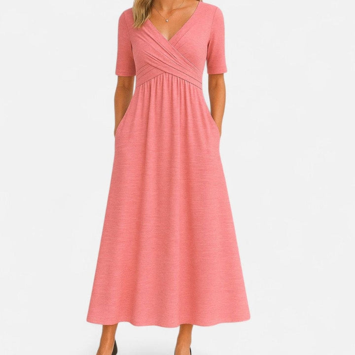 Women's V-Neck Ruched Empire-Waist Midi Dress Pockets - Pink
