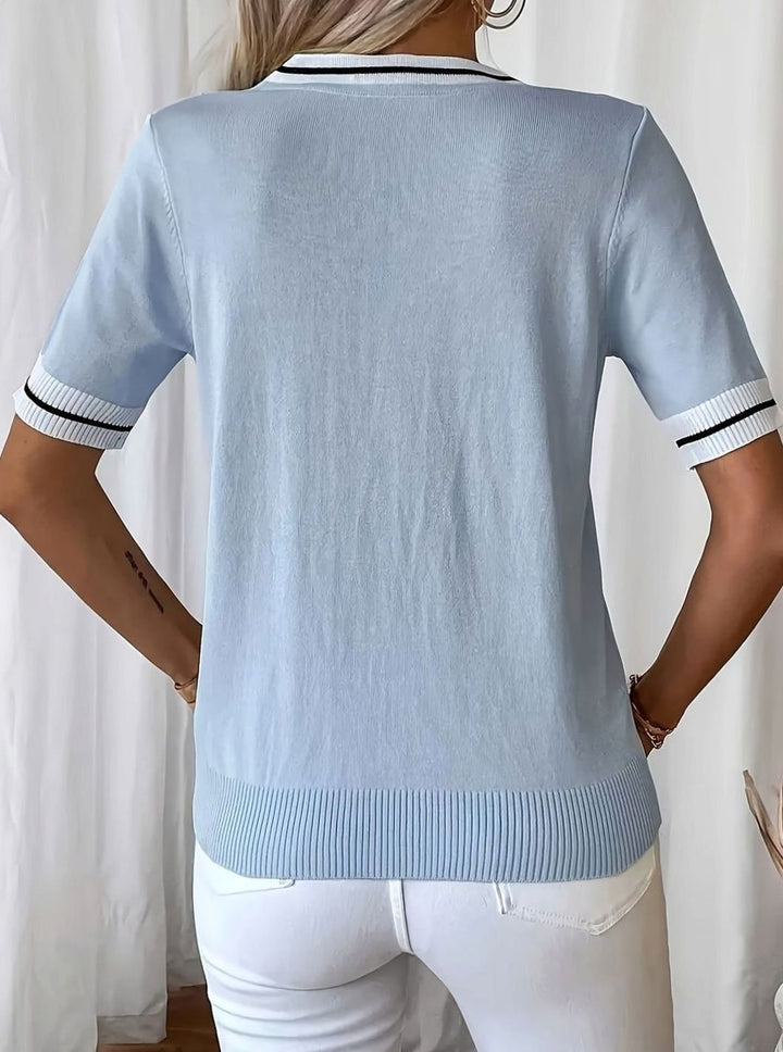 Women's V-Neck Short-Sleeve Tie-Neck Knit Sweater