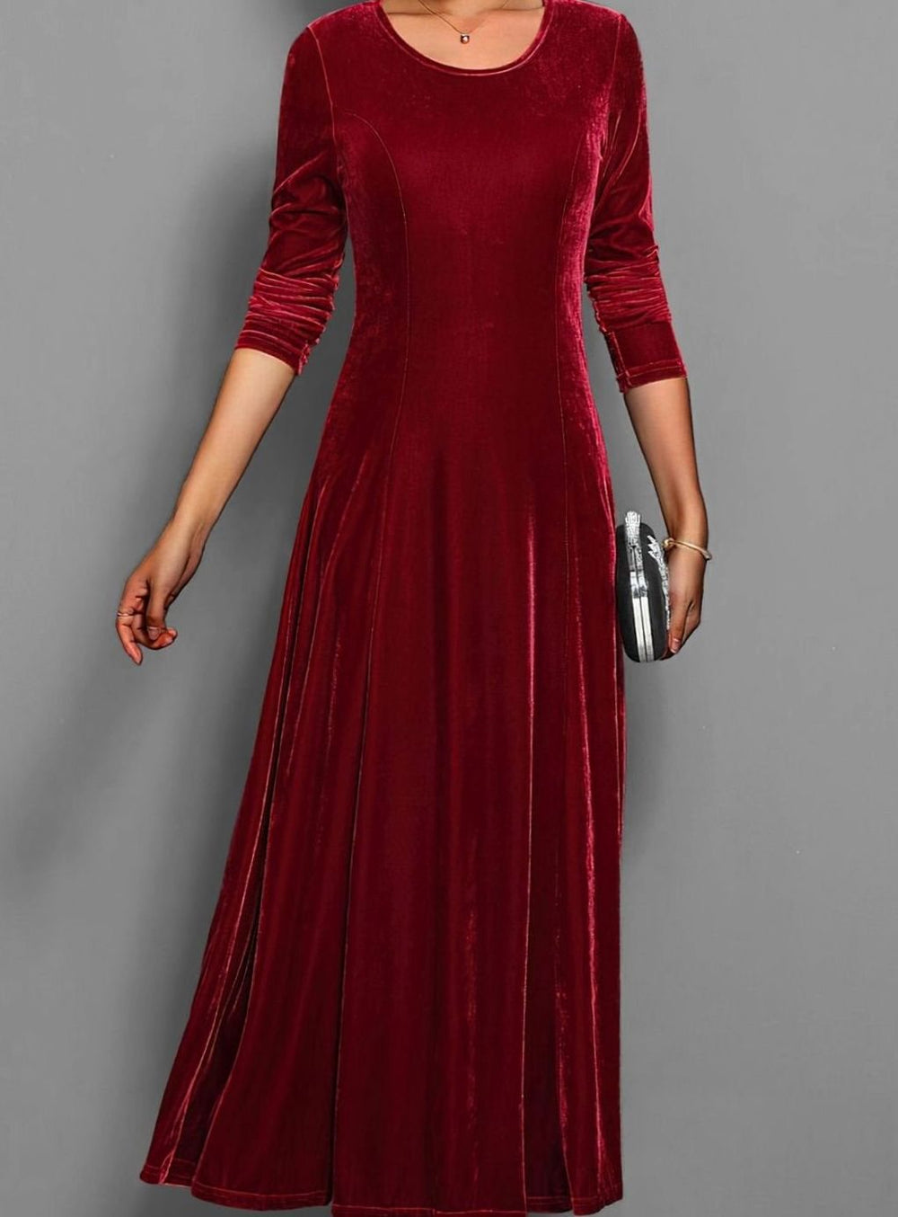 Women's Velvet Long-Sleeve A-Line Maxi Party Dress - Red