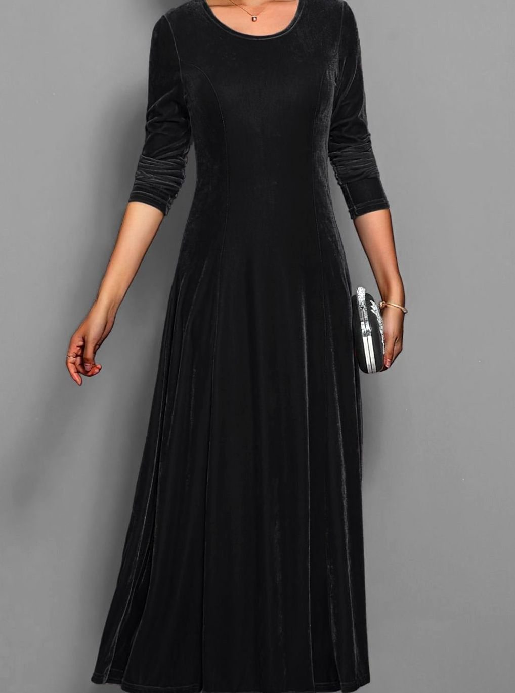 Women's Velvet Long-Sleeve A-Line Maxi Party Dress - Black