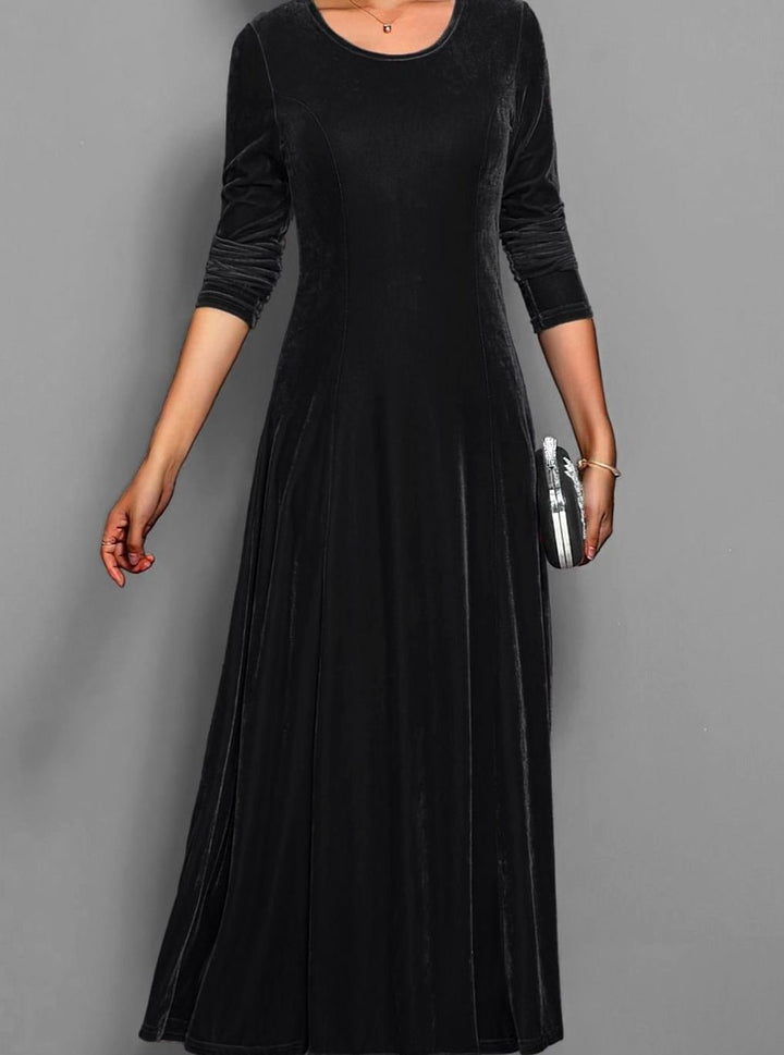 Women's Velvet Long-Sleeve A-Line Maxi Party Dress - Black