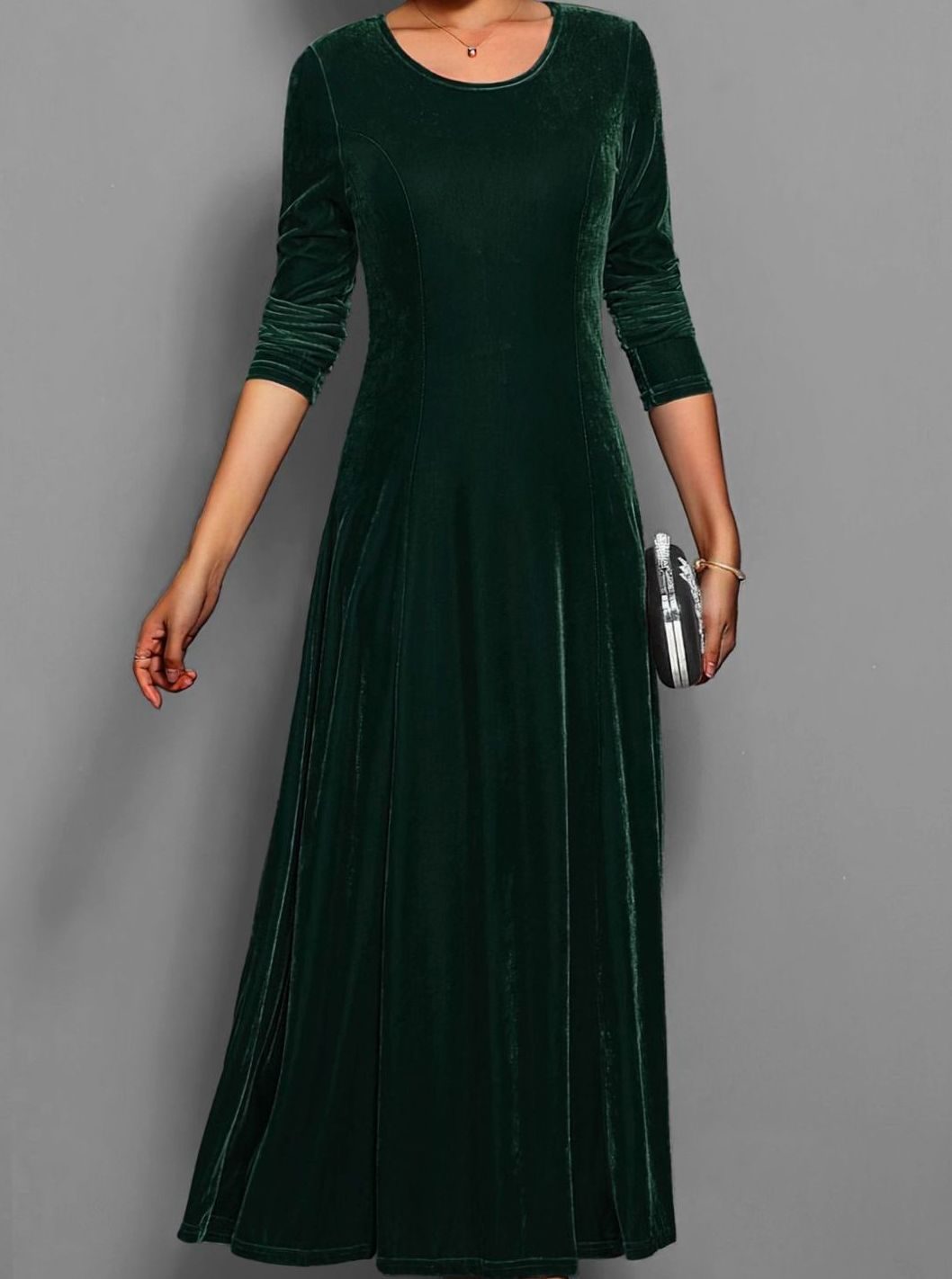 Women's Velvet Long-Sleeve A-Line Maxi Party Dress - Dark Green