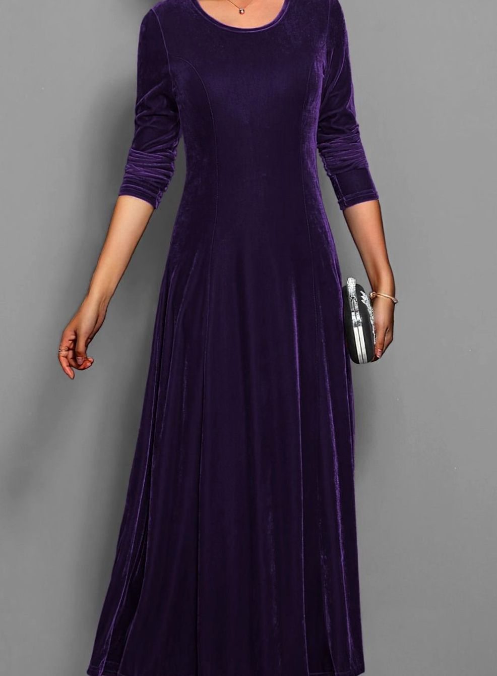 Women's Velvet Long-Sleeve A-Line Maxi Party Dress - Purple