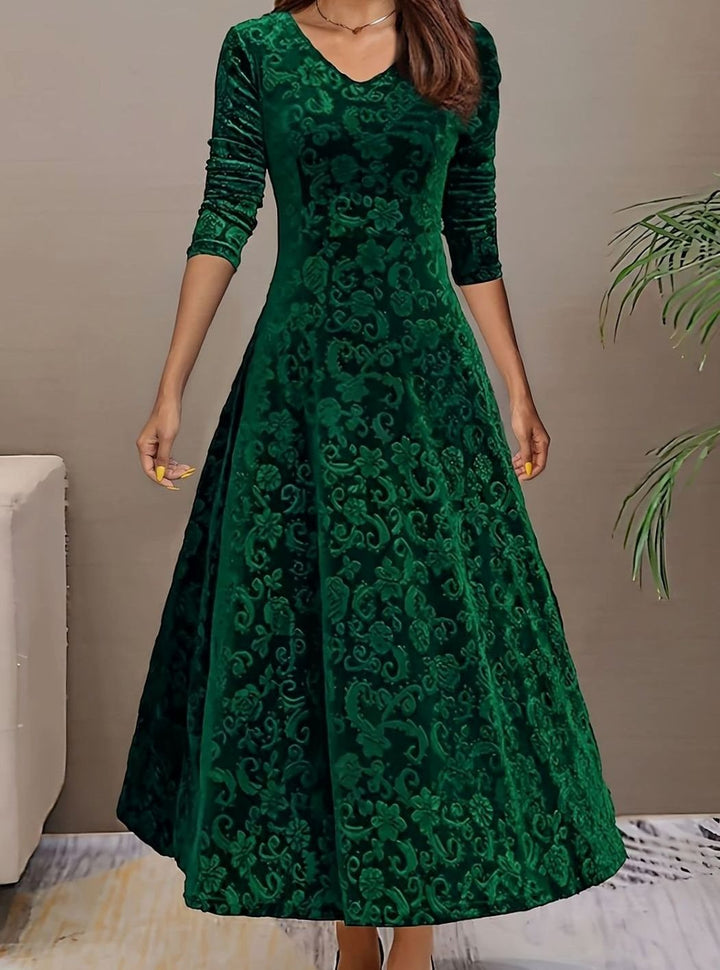 Women's Velvet Long-Sleeve V-Neck Flared Midi Cocktail Dress