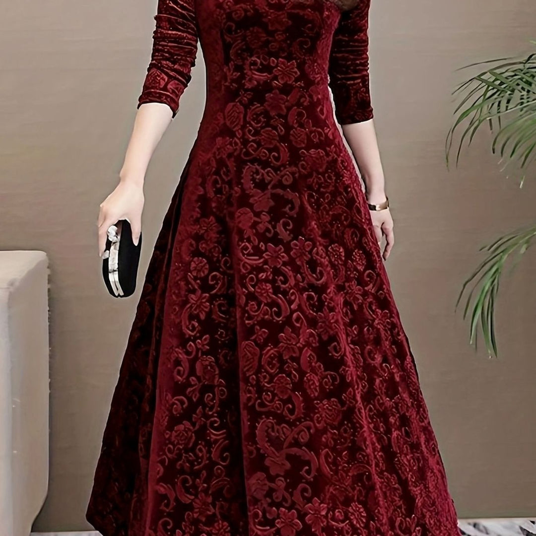 Women's Velvet Long-Sleeve V-Neck Flared Midi Cocktail Dress