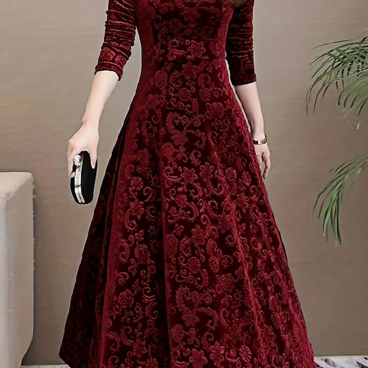 Women's Velvet Long-Sleeve V-Neck Flared Midi Cocktail Dress