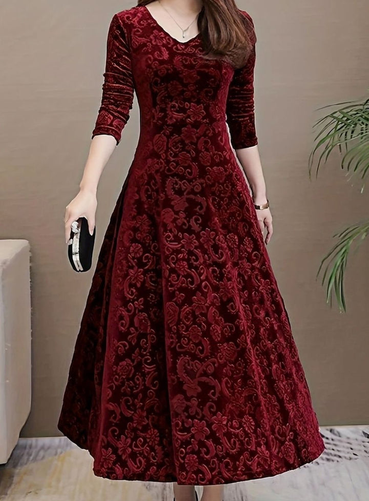 Women's Velvet Long-Sleeve V-Neck Flared Midi Cocktail Dress