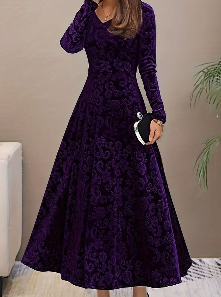 Women's Velvet Long-Sleeve V-Neck Flared Midi Cocktail Dress