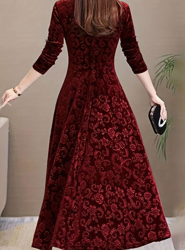 Women's Velvet Long-Sleeve V-Neck Flared Midi Cocktail Dress - Burgundy