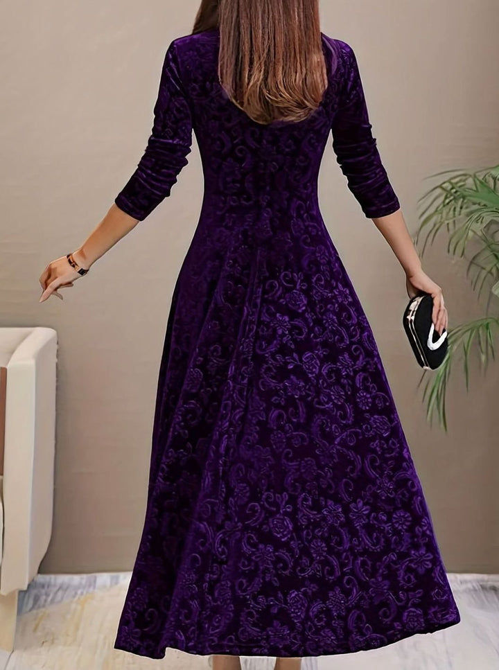 Women's Velvet Long-Sleeve V-Neck Flared Midi Cocktail Dress - Purple