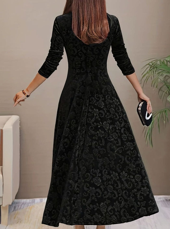 Women's Velvet Long-Sleeve V-Neck Flared Midi Cocktail Dress - Black