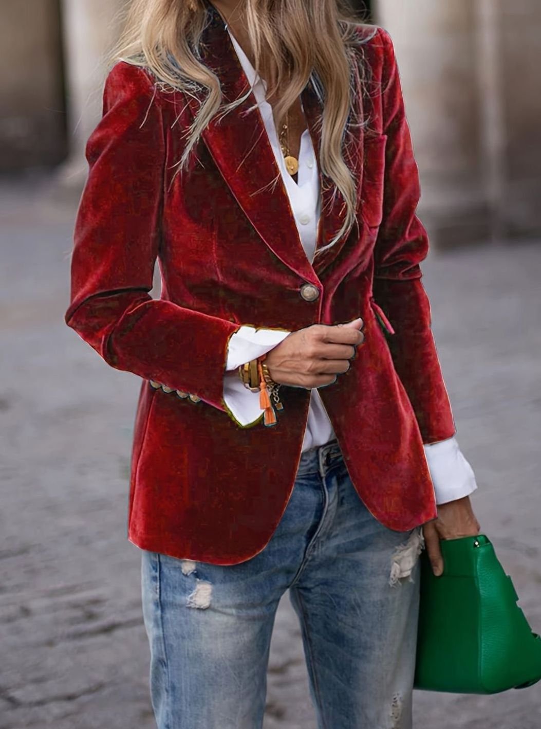 Women's Velvet Single-Button Casual Blazer Fitted Jacket - Dark Red