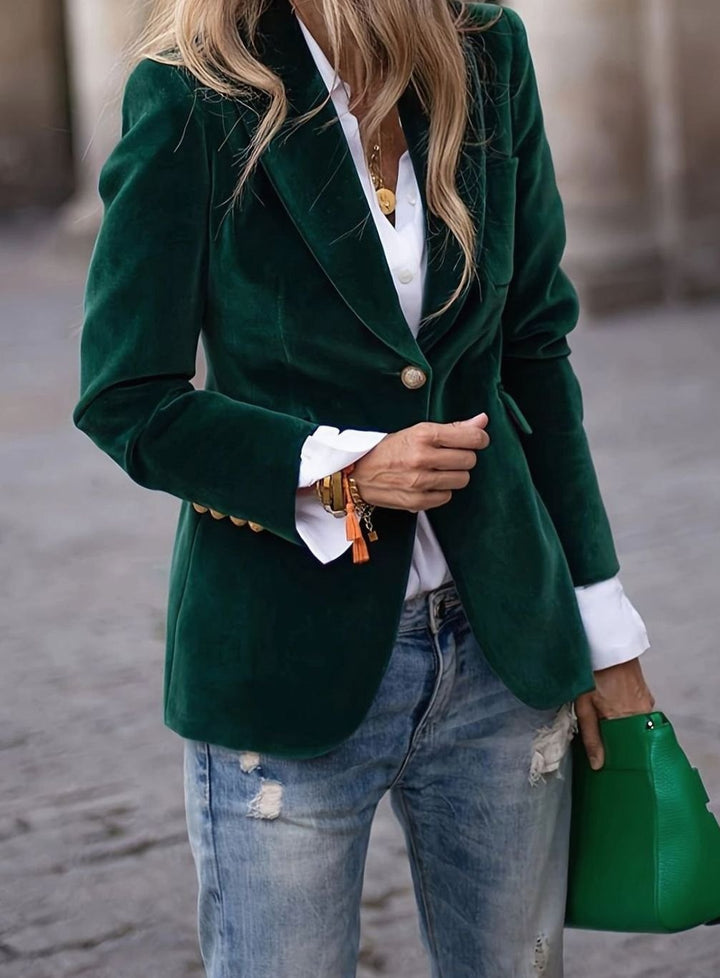 Women's Velvet Single-Button Casual Blazer Fitted Jacket - Dark Green
