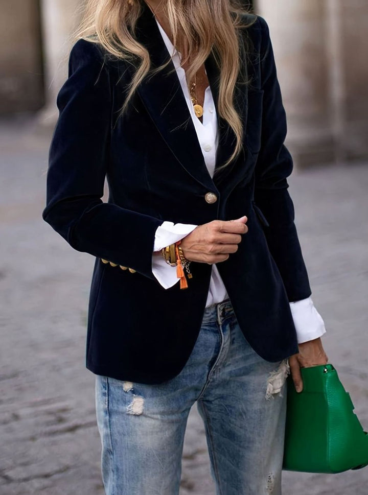 Women's Velvet Single-Button Casual Blazer Fitted Jacket - Black
