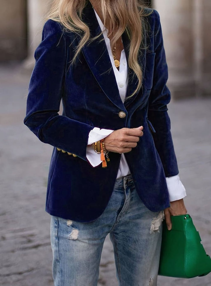 Women's Velvet Single-Button Casual Blazer Fitted Jacket - Navy Blue