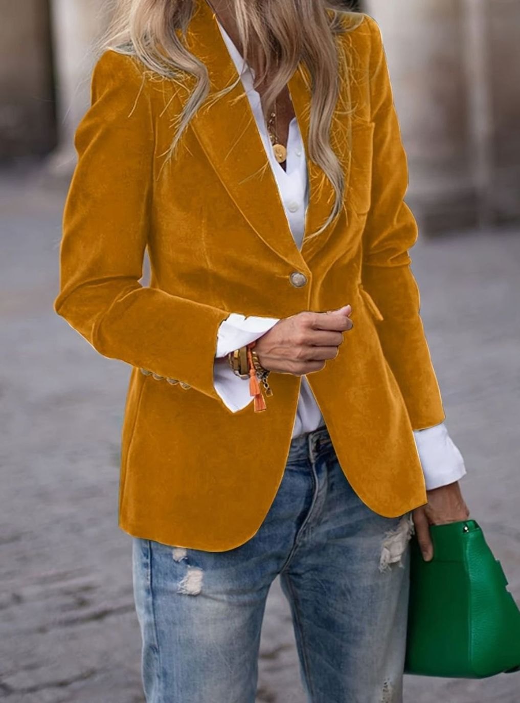 Women's Velvet Single-Button Casual Blazer Fitted Jacket - Ginger