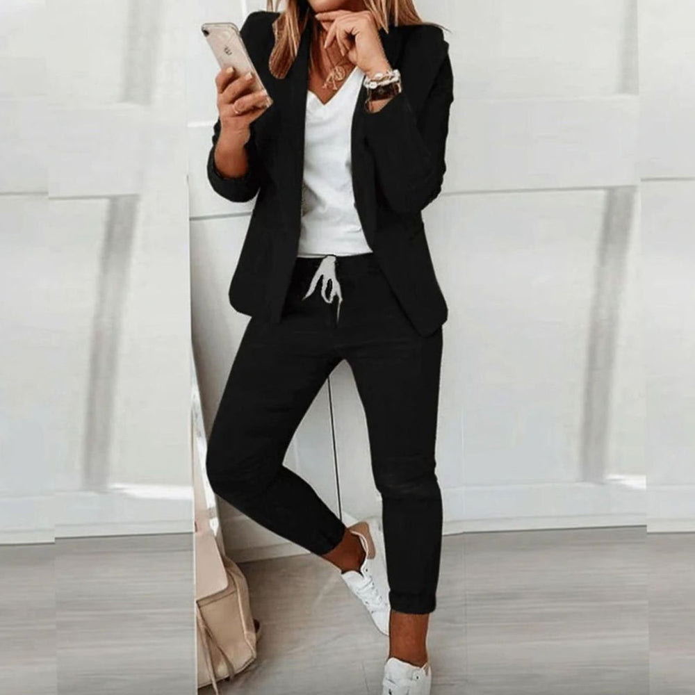 Women's Versatile Blazer Jogger Pants Two-Piece Sweat Pant Set - Black