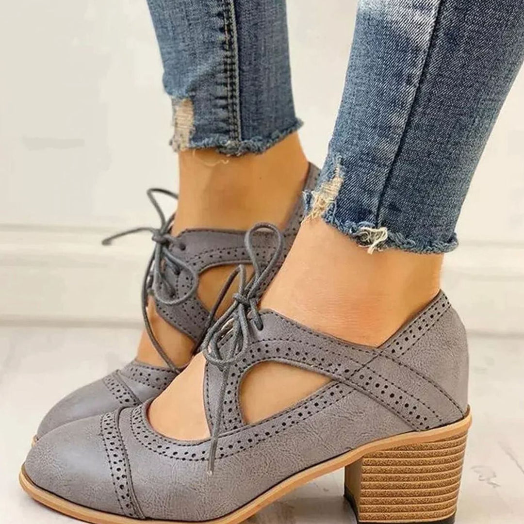 Women's Vintage Brogue Lace-Up Block Heel Cutout Pumps - Gray