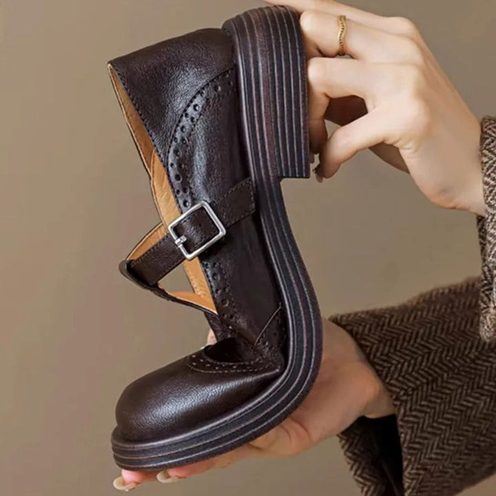 Women's Vintage Brogue Leather T-Strap Mary Jane Flats