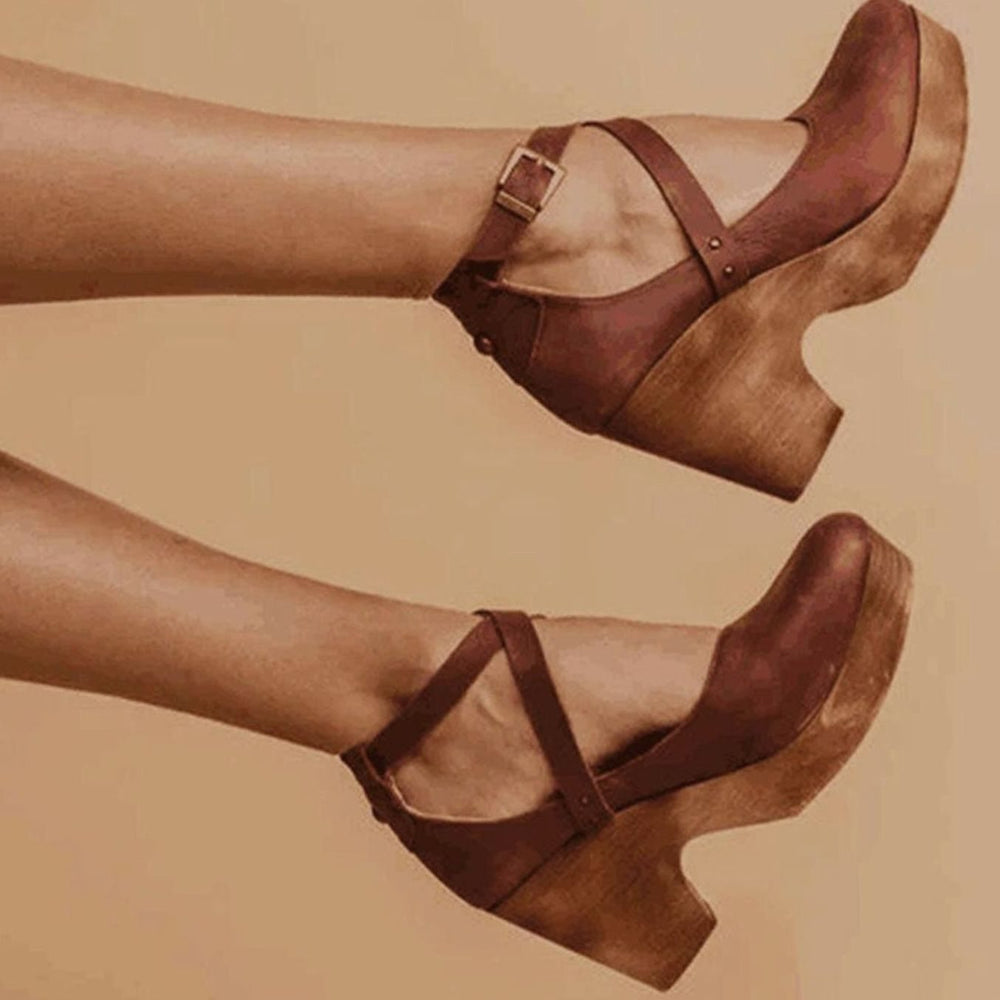 Women's Vintage Cross Strap Heels Chunky Wooden Block Heel Pumps