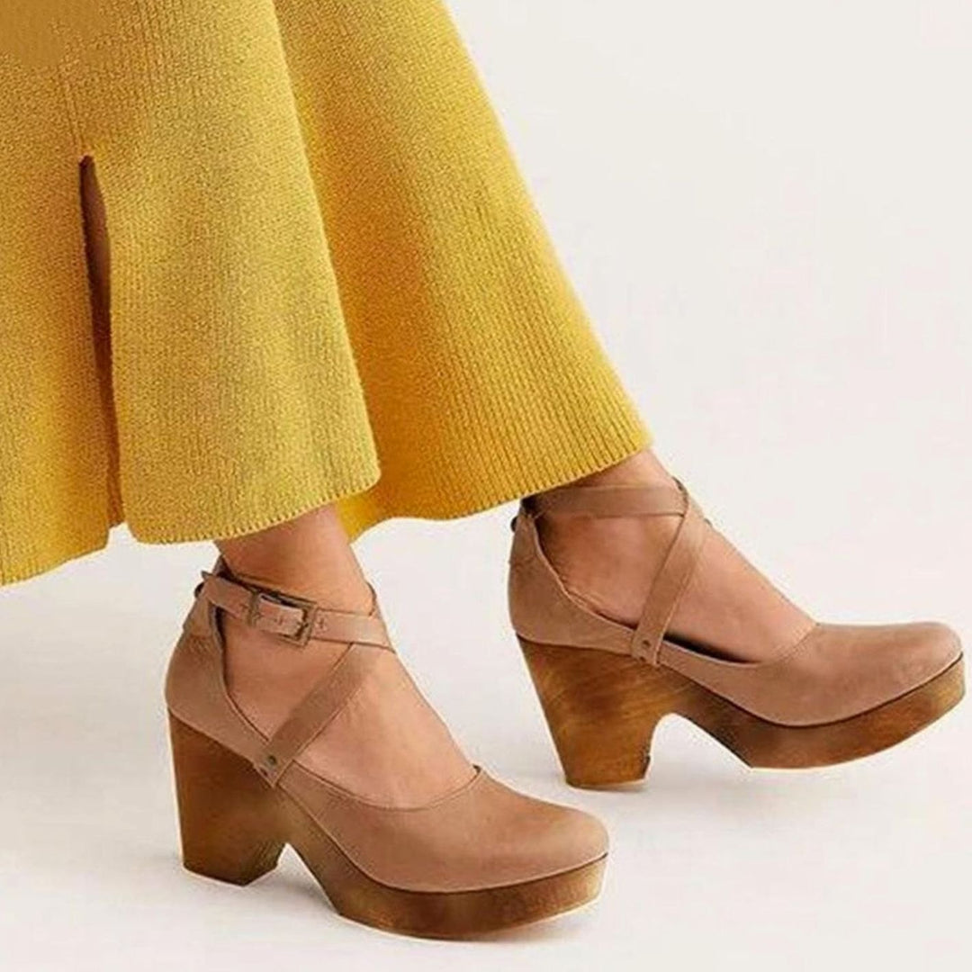 Women's Vintage Cross Strap Heels Chunky Wooden Block Heel Pumps - Khaki