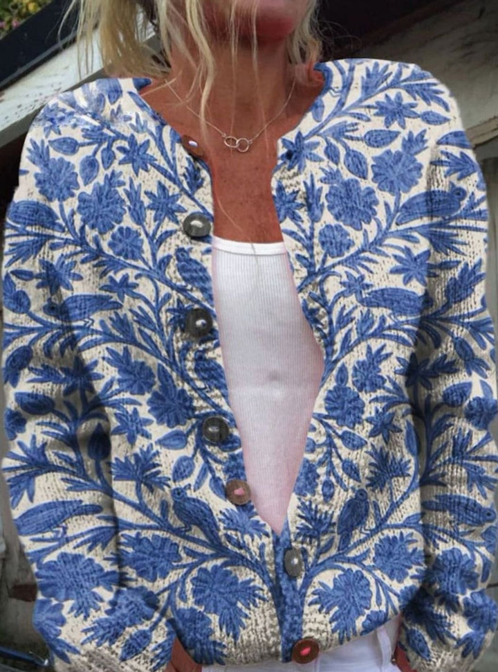 Women's Vintage Floral Knit Cardigan Button-Front Open Layer Sweater - Blue