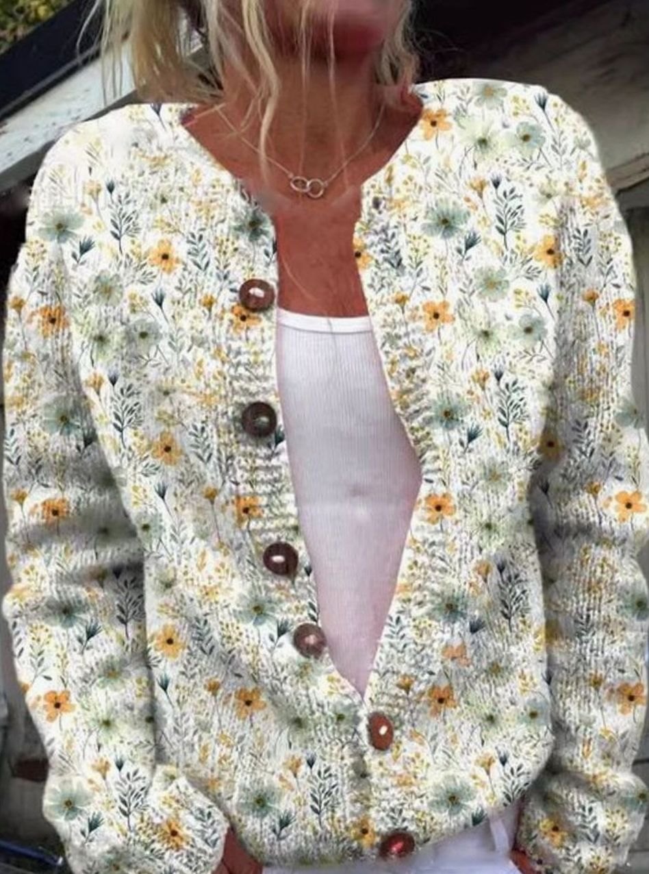 Women's Vintage Floral Knit Cardigan Button-Front Open Layer Sweater - White