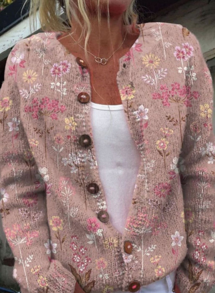 Women's Vintage Floral Knit Cardigan Button-Front Open Layer Sweater - Pink