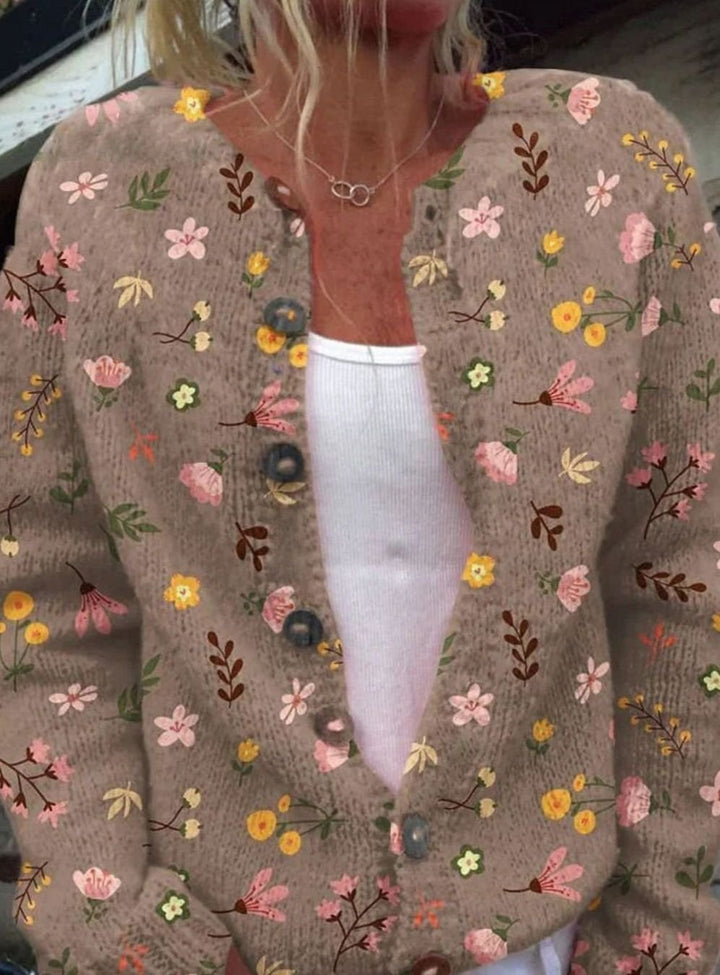 Women's Vintage Floral Knit Cardigan Button-Front Open Layer Sweater - Brown
