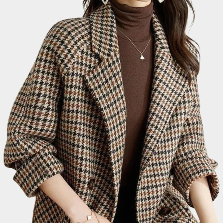 Women's Vintage Houndstooth Double-Breasted Blazer Coat - Coffee