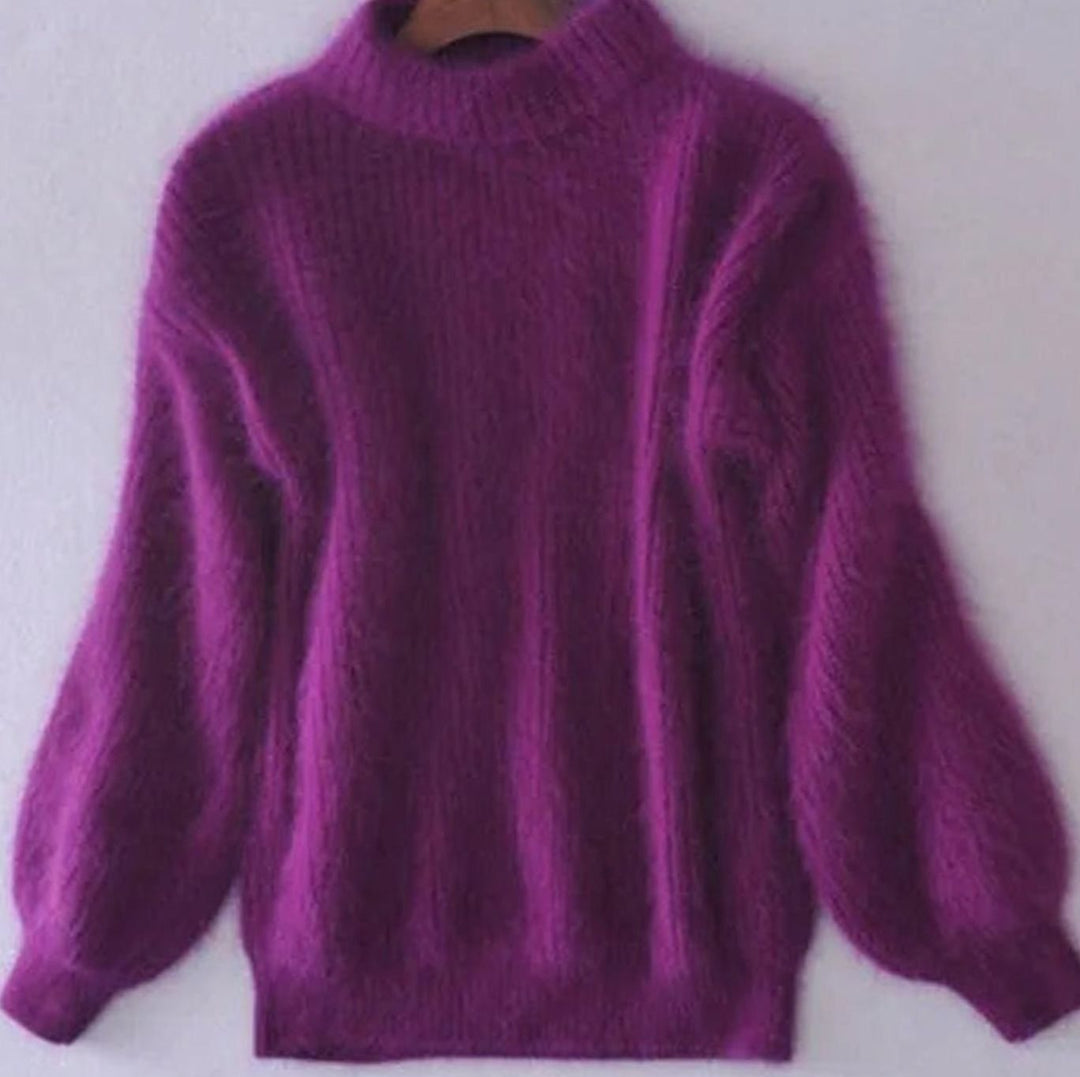 Women's Warm High Neck Loose Knit Sweater - Purple