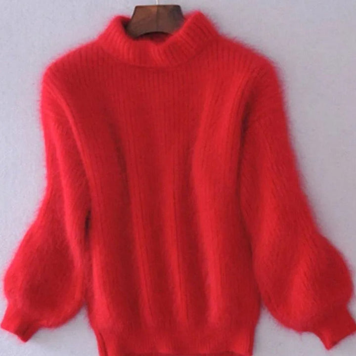 Women's Warm High Neck Loose Knit Sweater - Red