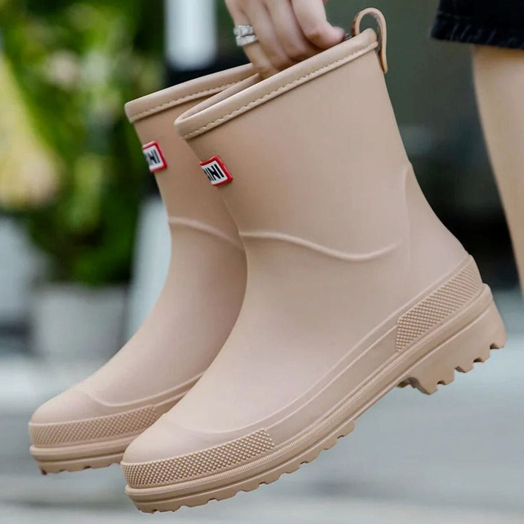 Women's Waterproof Mid-Calf Rubber Rain Boots - Beige