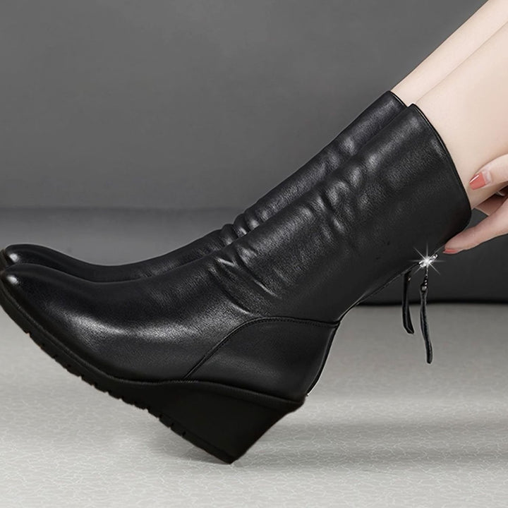 Women's Wedge Mid-Calf Boots Side-Zip Ruched Leather-Look