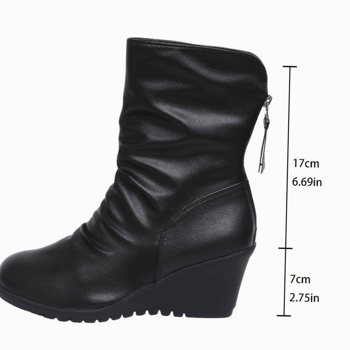 Women's Wedge Mid-Calf Boots Side-Zip Ruched Leather-Look