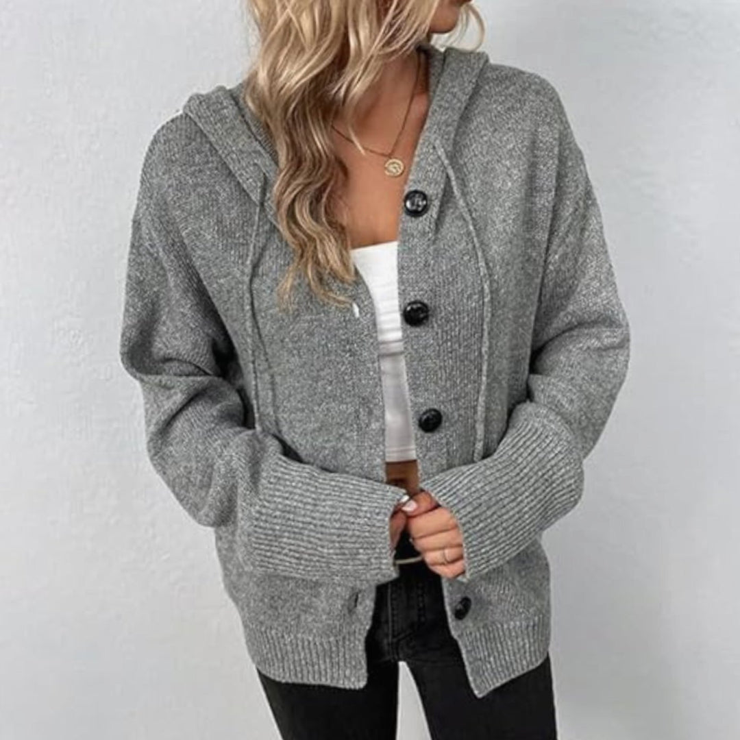 Women's Winter Hooded Cardigan Relaxed-Fit Button-Front Knit Sweater