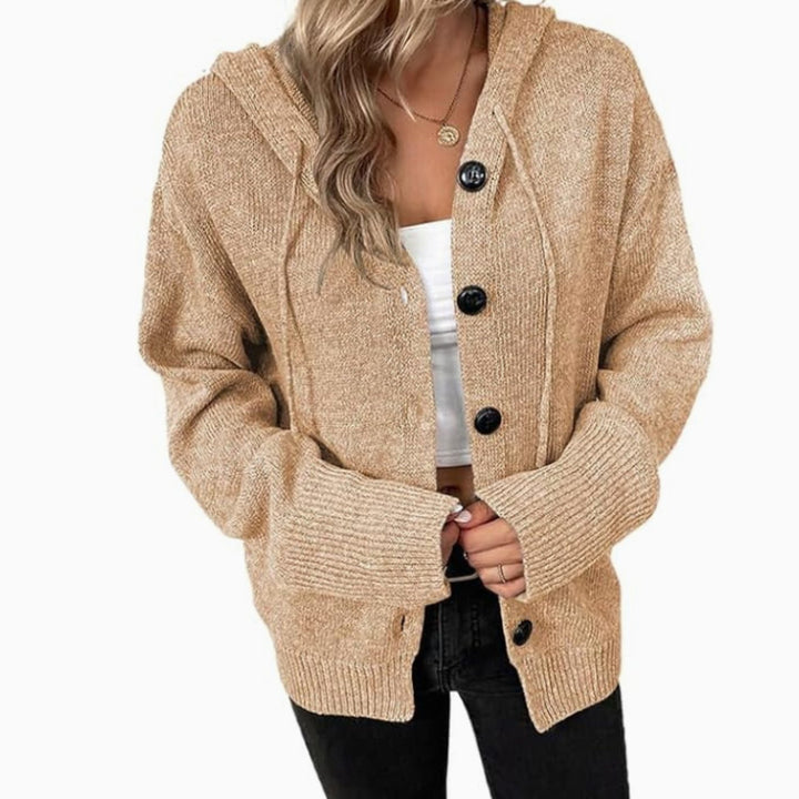 Women's Winter Hooded Cardigan Relaxed-Fit Button-Front Knit Sweater - Khaki