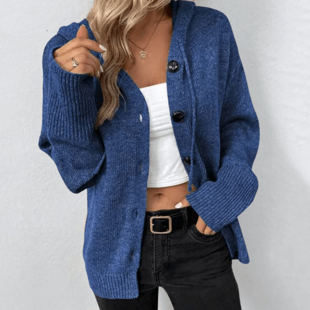 Women's Winter Hooded Cardigan Relaxed-Fit Button-Front Knit Sweater - Blue