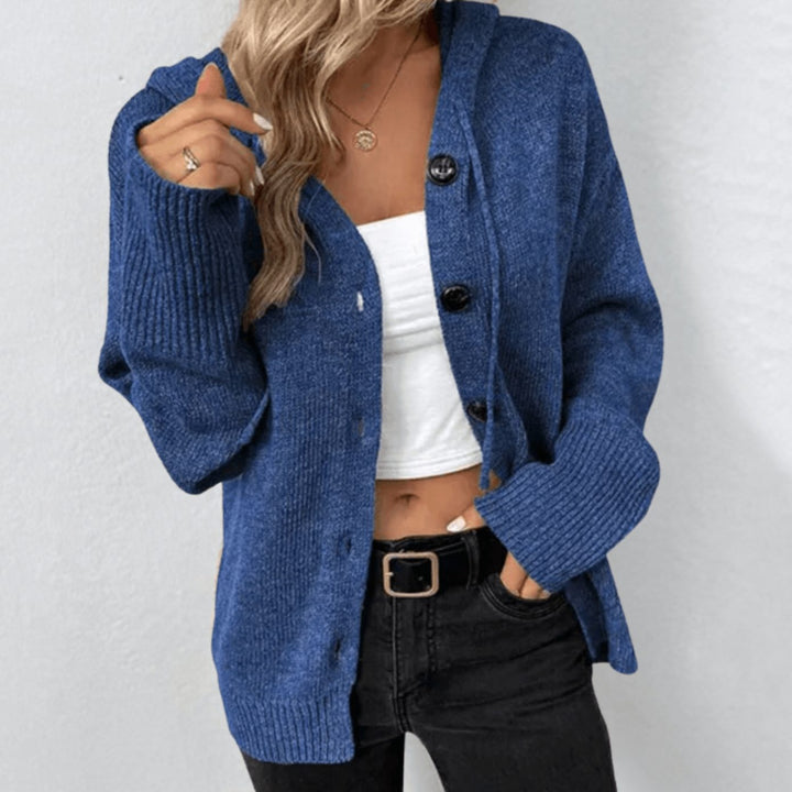 Women's Winter Hooded Cardigan Relaxed-Fit Button-Front Knit Sweater - Blue