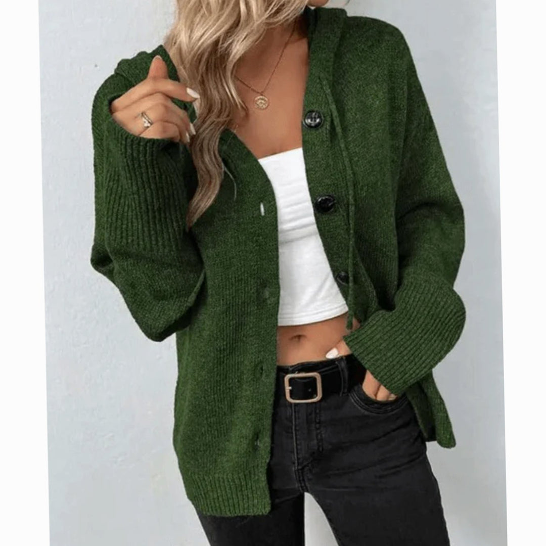 Women's Winter Hooded Cardigan Relaxed-Fit Button-Front Knit Sweater - Green