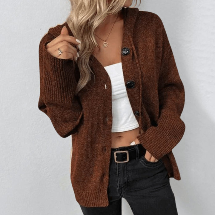 Women's Winter Hooded Cardigan Relaxed-Fit Button-Front Knit Sweater - Brown