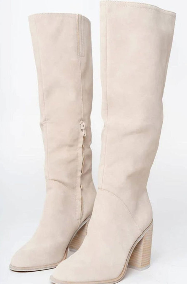 Women's Winter Tall Knee-High Boots Block Heel Suede-Look - Beige