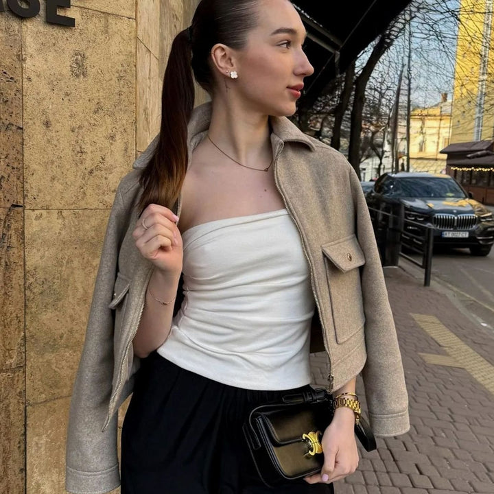 Women's Wool Zip-Up Cropped Bomber Jacket