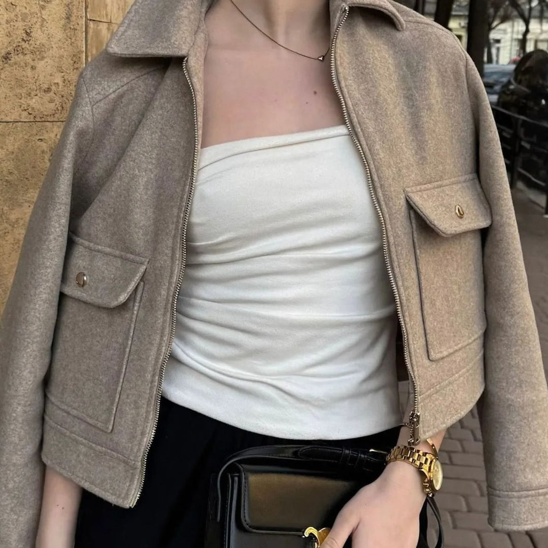 Women's Wool Zip-Up Cropped Bomber Jacket