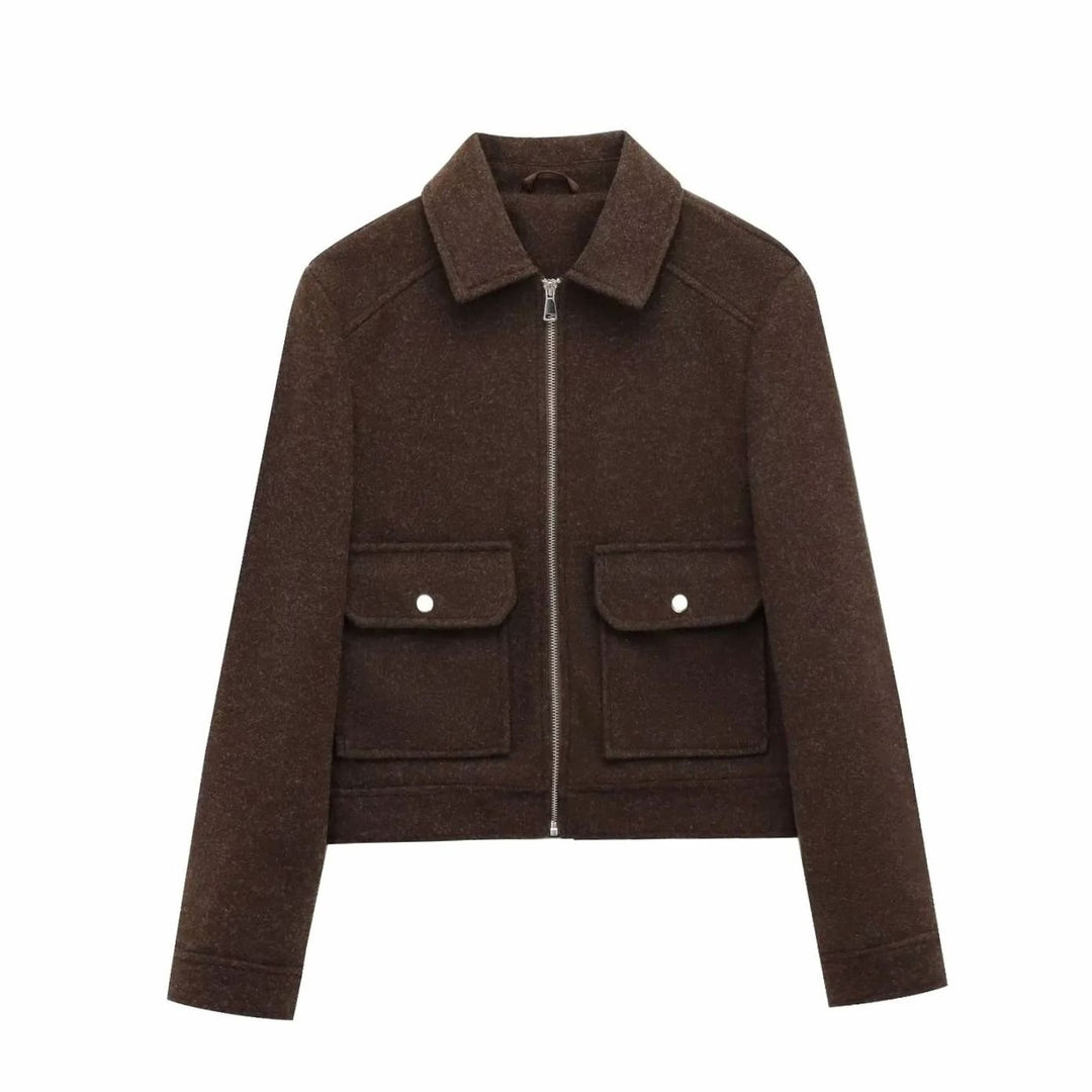 Women's Wool Zip-Up Cropped Bomber Jacket - Brown