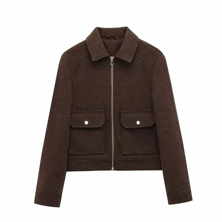 Women's Wool Zip-Up Cropped Bomber Jacket - Brown