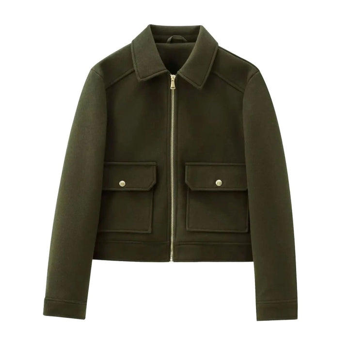 Women's Wool Zip-Up Cropped Bomber Jacket - Green