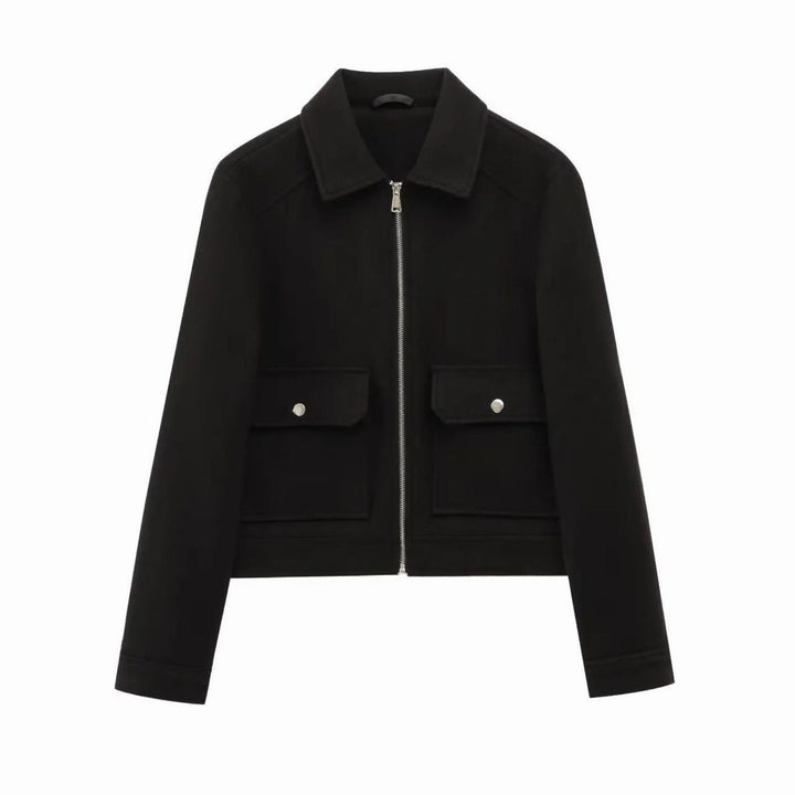 Women's Wool Zip-Up Cropped Bomber Jacket - Black