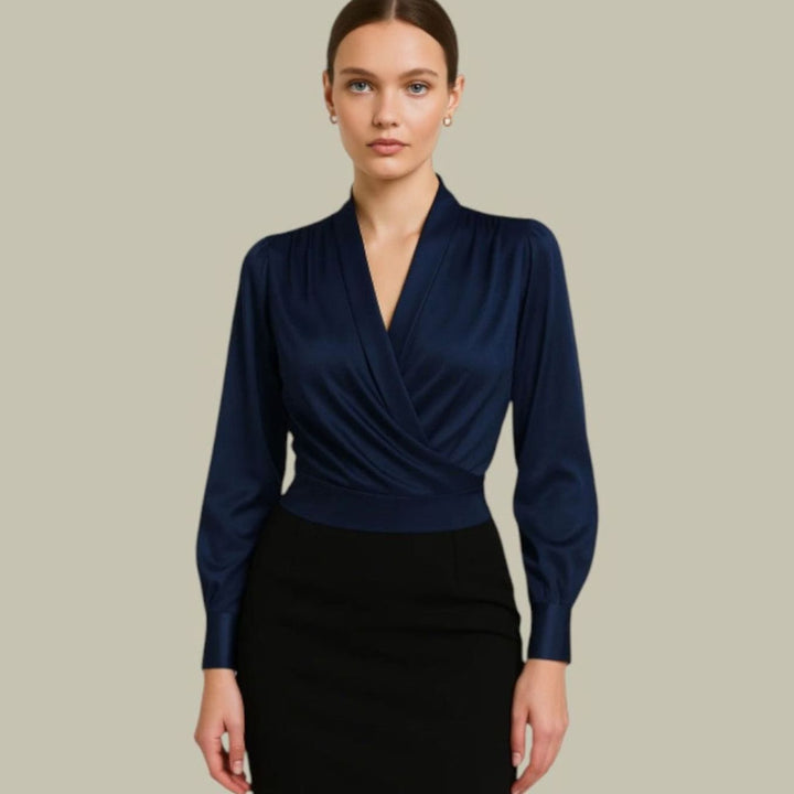 Women's Wrap-Front Long-Sleeve Satin Blouse - Blue
